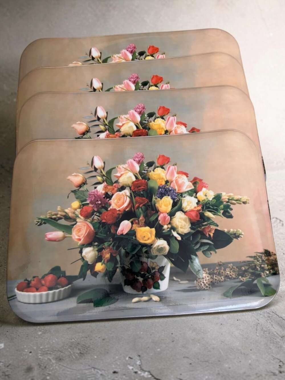 Set Of 4 Sultans Linens Floral Print Placemats With Colorful Bouquet Design Wipe